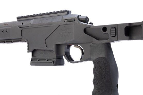 This bolt action rifle features an ergonomic foldable stock.